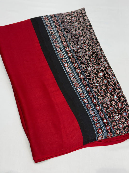 Ajrakh Plain Glued Mirror Work Saree 01