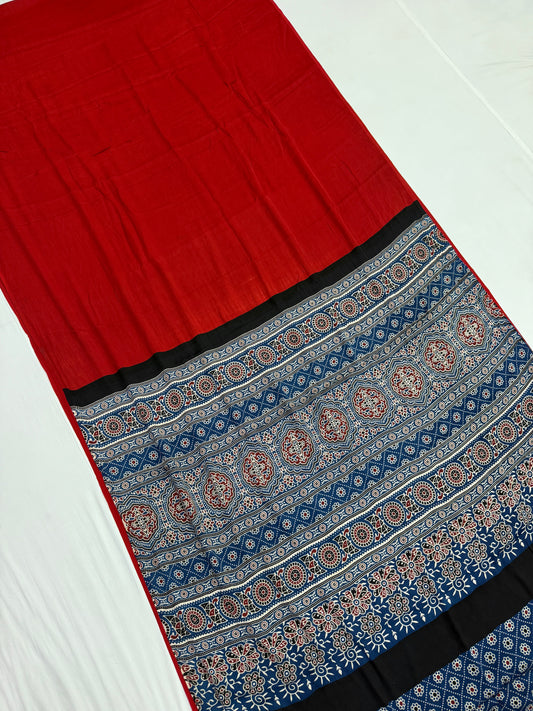 Ajrakh Plain Modal Silk Saree 05