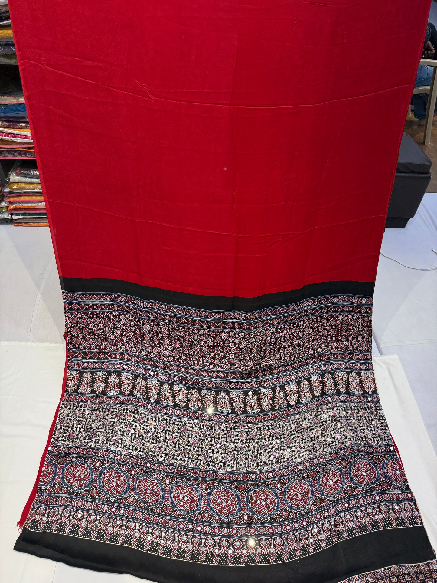 Ajrakh Plain Glued Mirror Work Saree 01