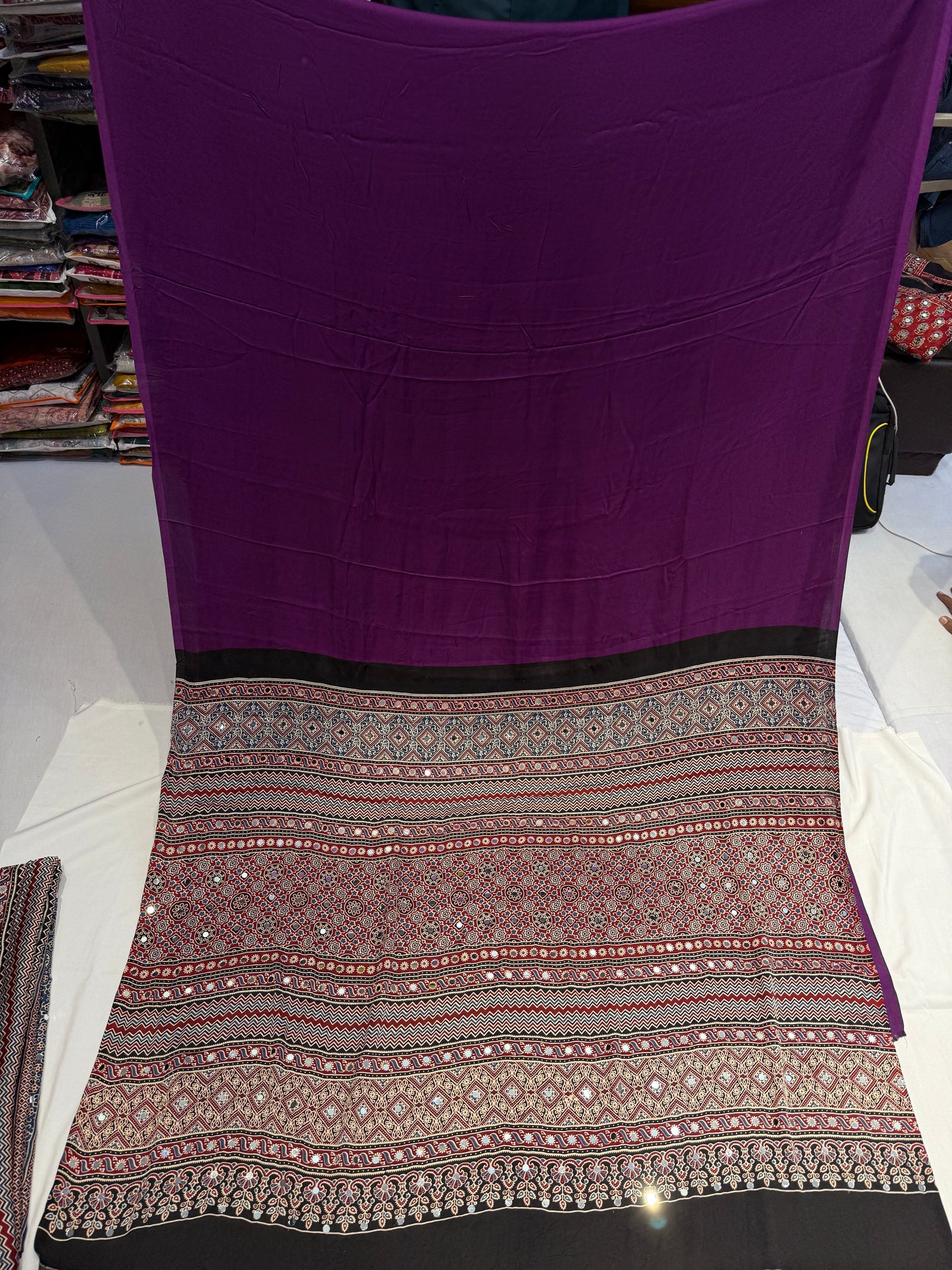 Ajrakh Plain Glued Mirror Work Saree 02