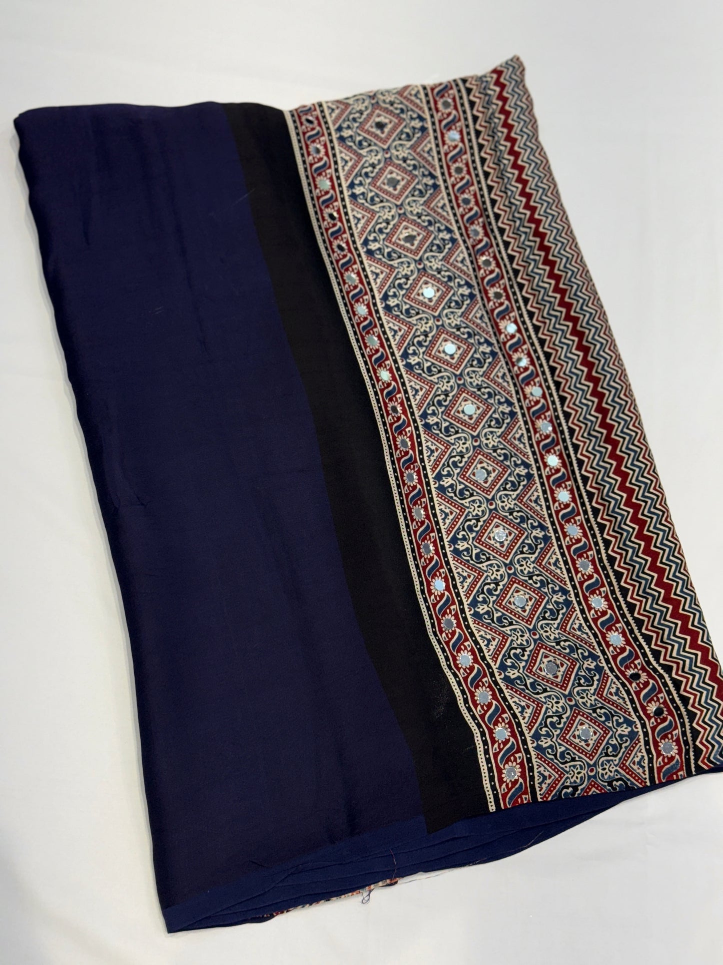 Ajrakh Plain Glued Mirror Work Saree 03