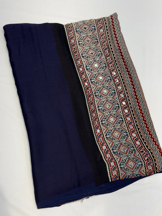 Ajrakh Plain Glued Mirror Work Saree 03