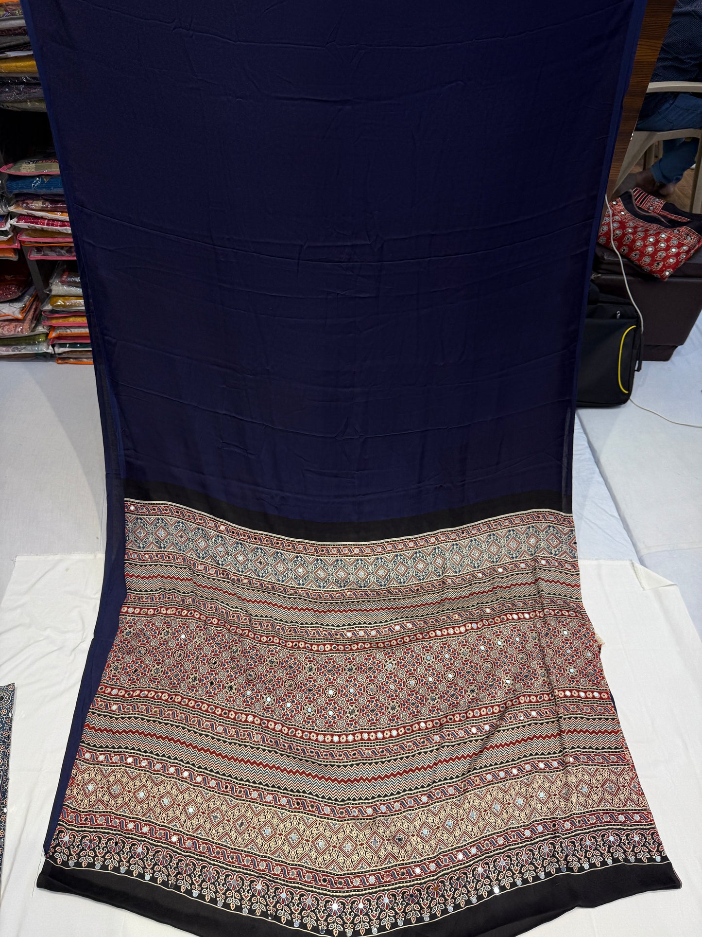 Ajrakh Plain Glued Mirror Work Saree 03
