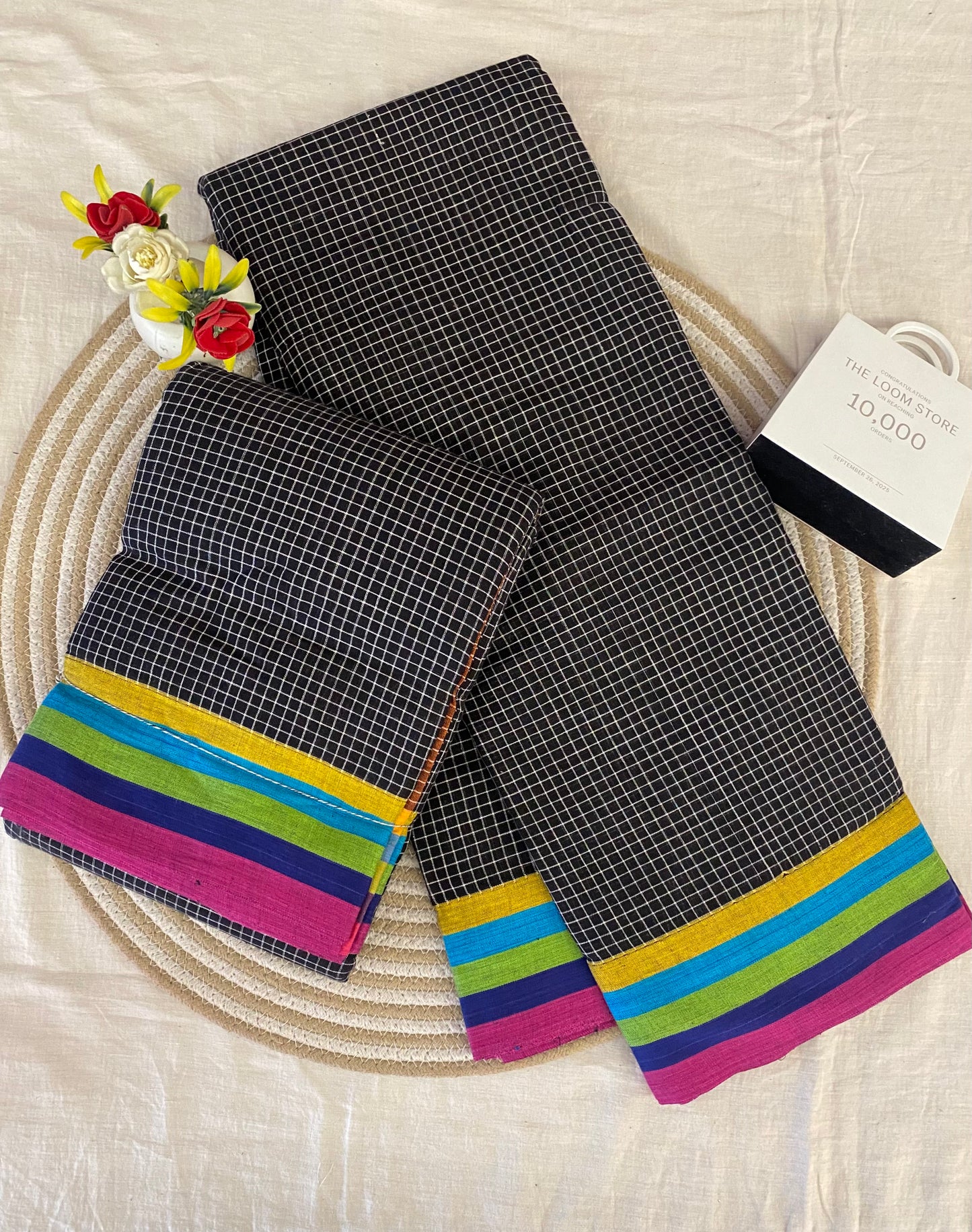 Black Patteda Anchu Saree with Multicolour Border
