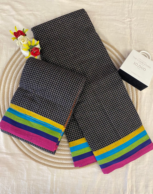 Black Patteda Anchu Saree with Multicolour Border