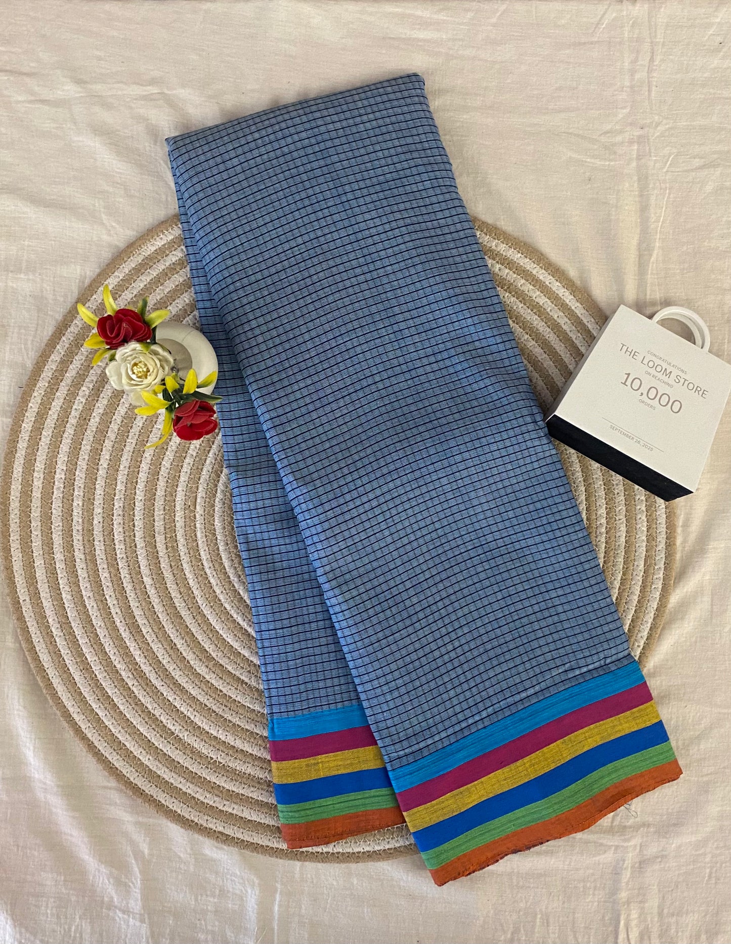 Sky Blue Patteda Anchu Saree with Multicolour Border