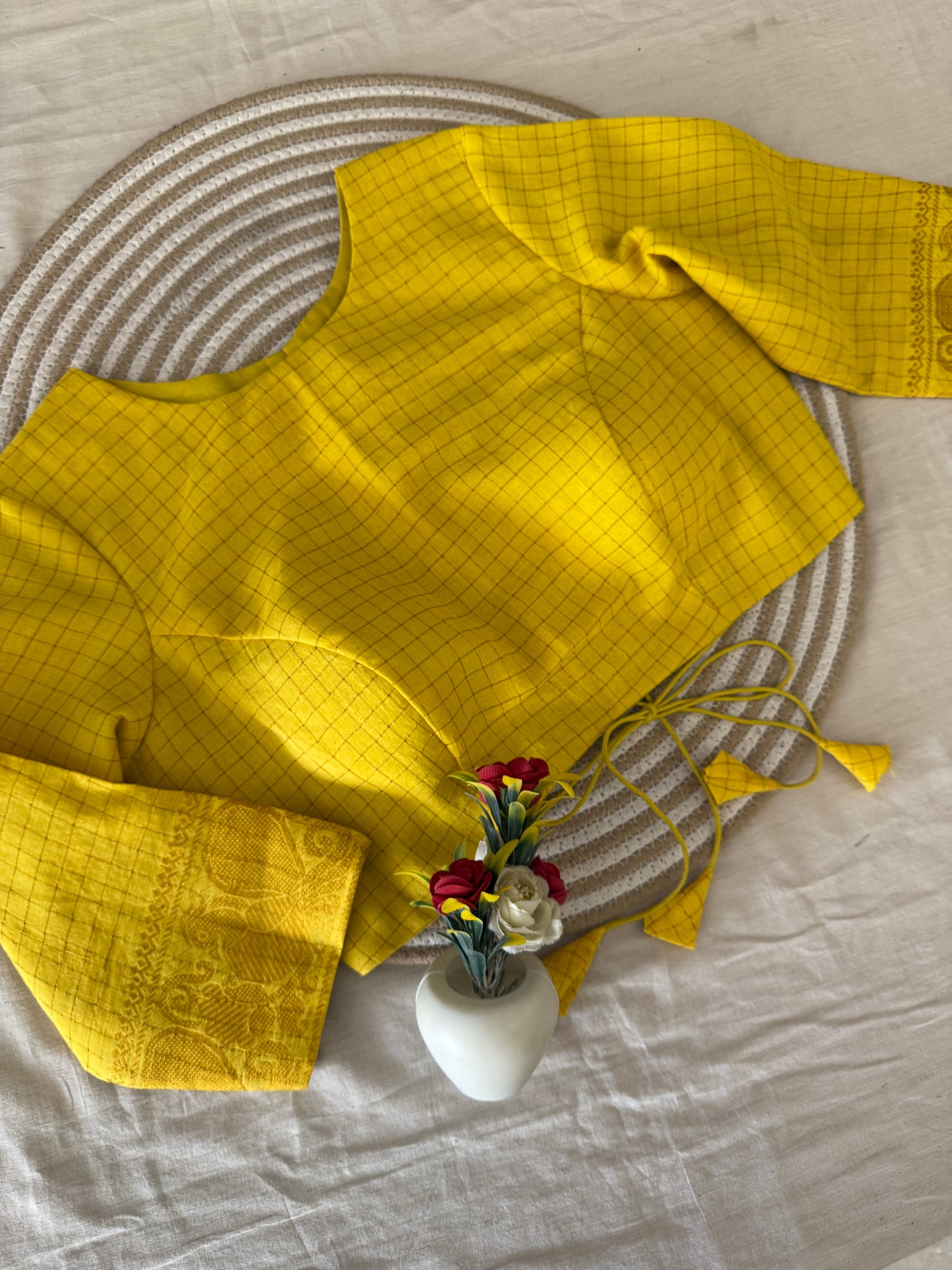 Yellow Sungudi Cotton Boat Neck Blouse