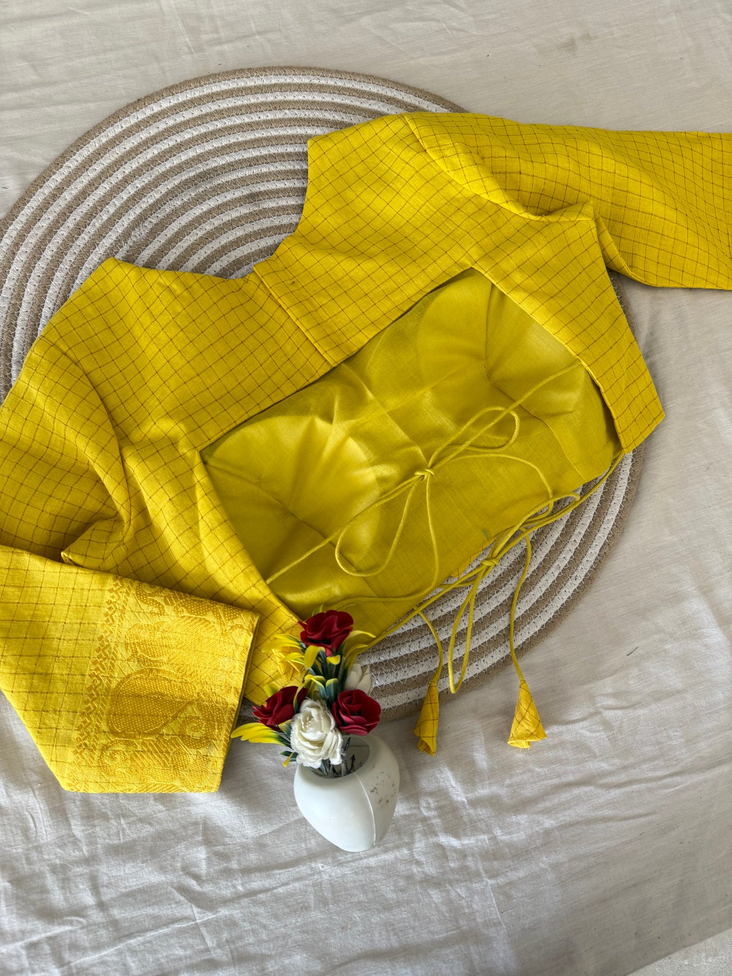 Yellow Sungudi Cotton Boat Neck Blouse