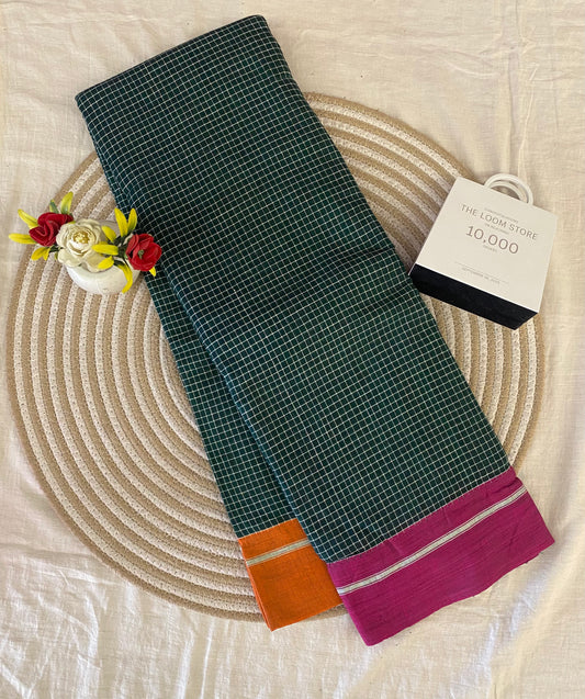 Forest Green Patteda Anchu Saree With Pink Orange Border