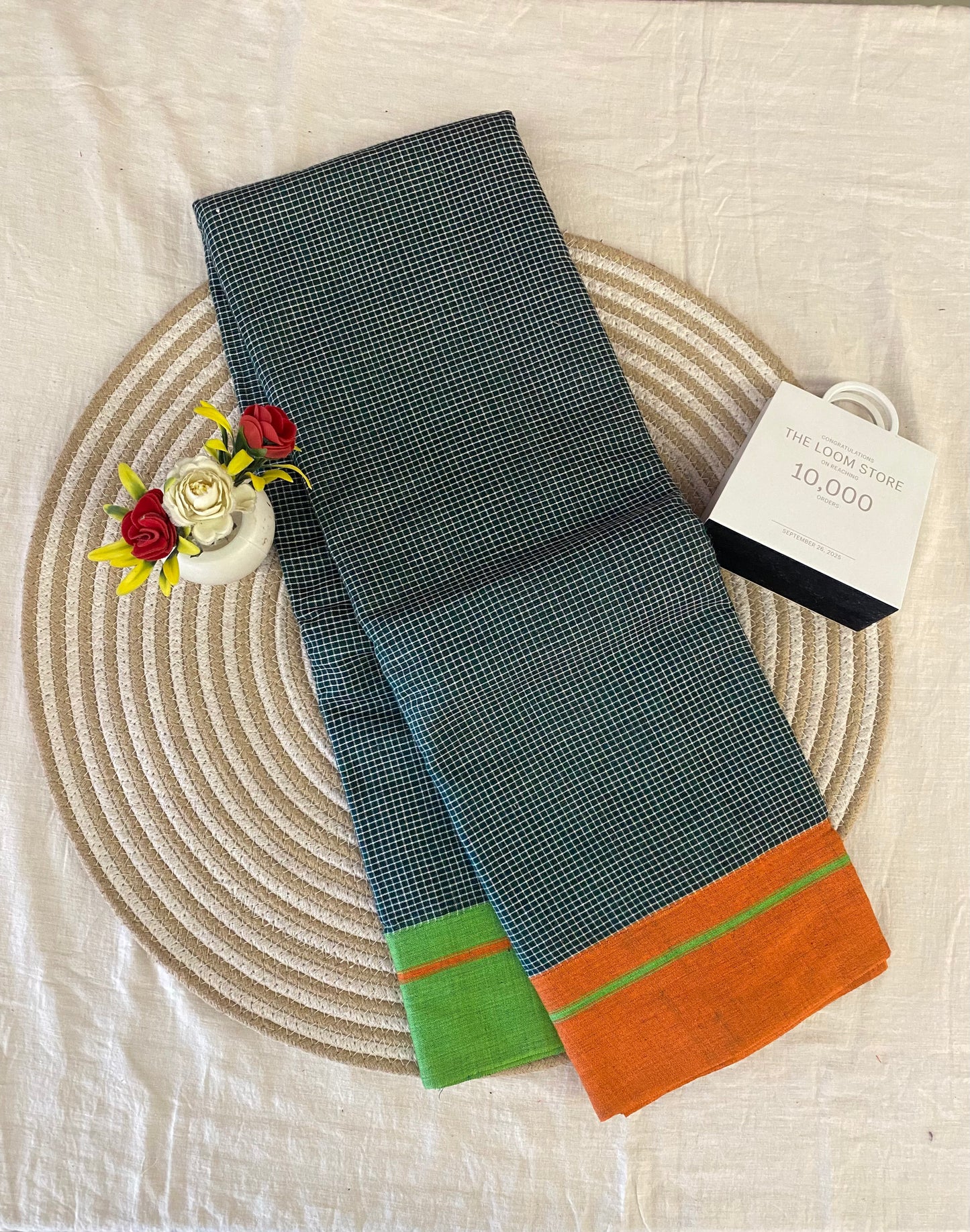 Forest Green Patteda Anchu Saree With Orange Green Border