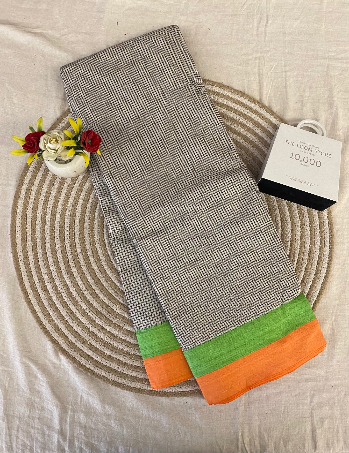 Off White Patteda Anchu Saree With Green Orange Border