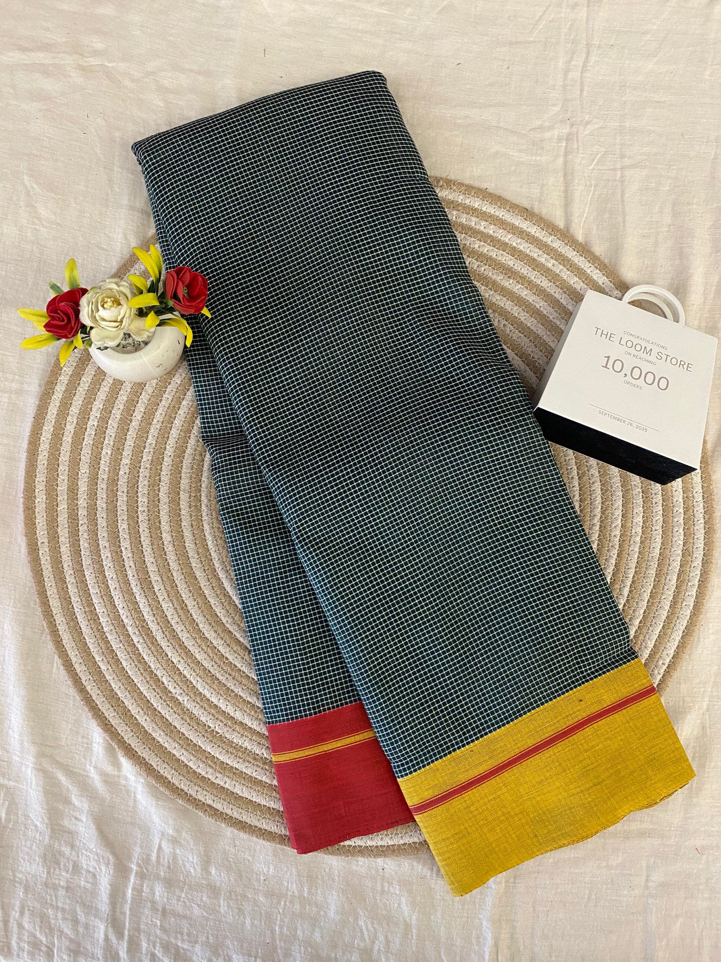 Forest Green Patteda Anchu Saree With Yellow Red Border