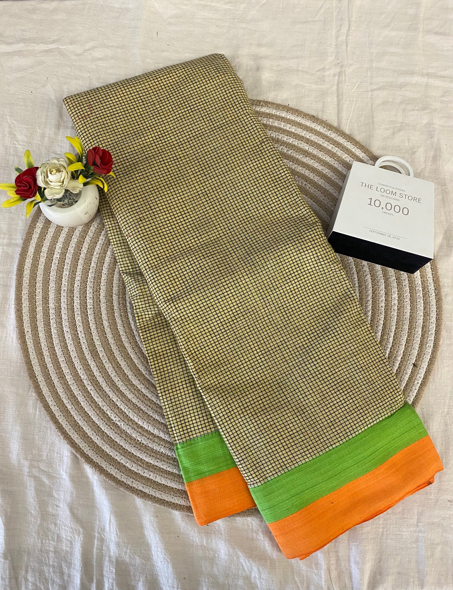 Lemon Yellow Patteda Anchu Saree With Orange Green Border