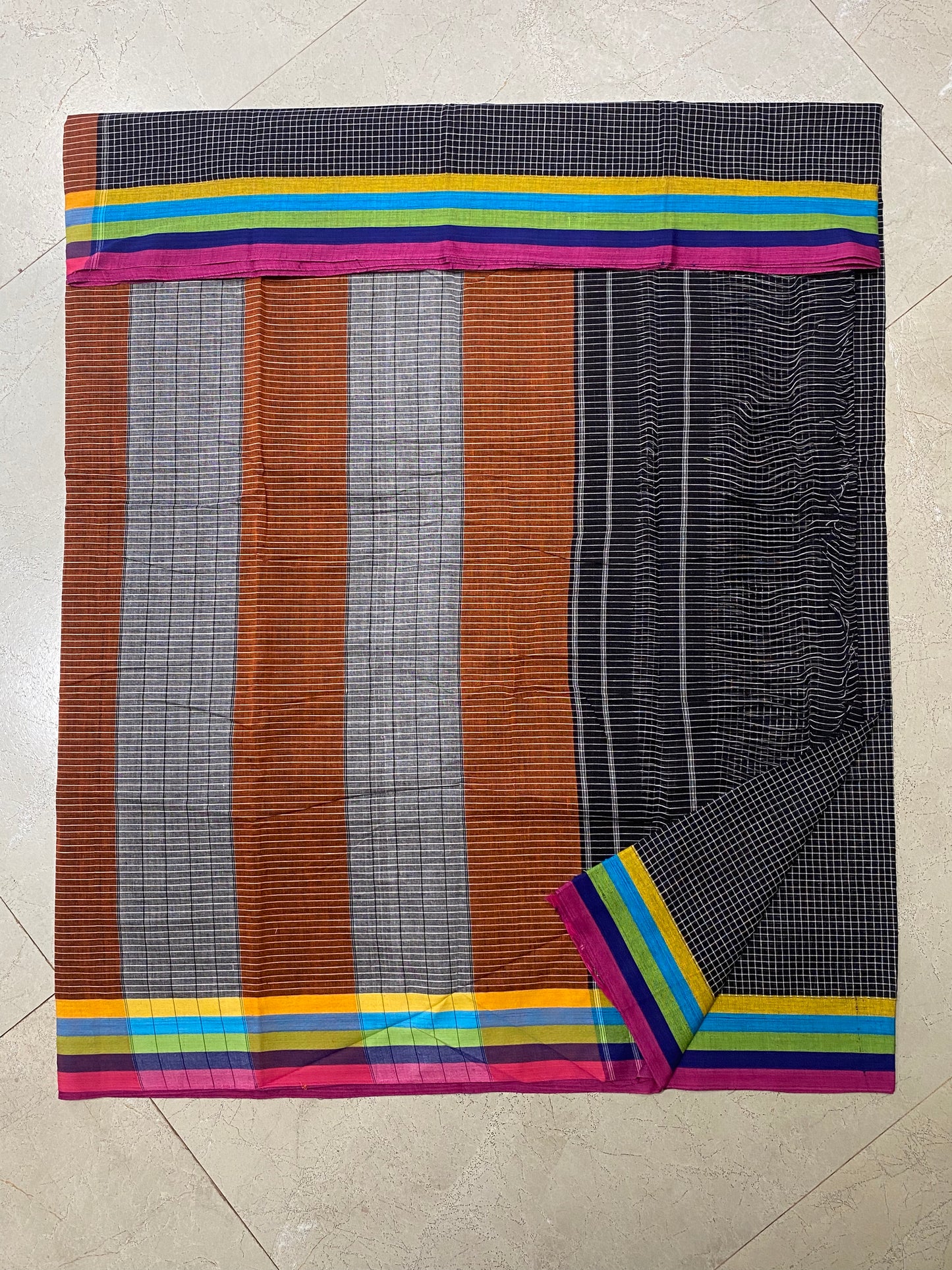 Black Patteda Anchu Saree with Multicolour Border