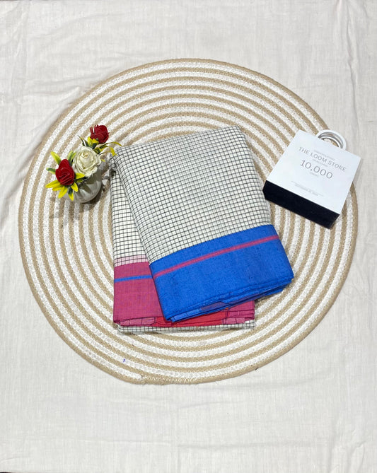 White Patteda Anchu Saree With Blue Pink saree