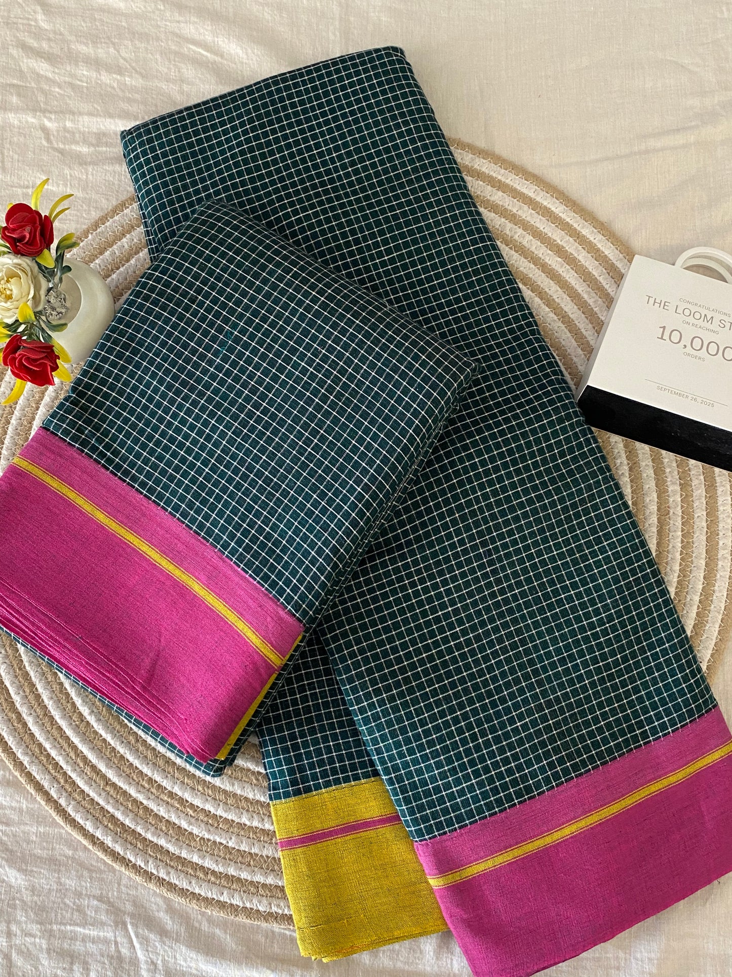 Forest Green Patteda Anchu Saree With Pink Yellow Border