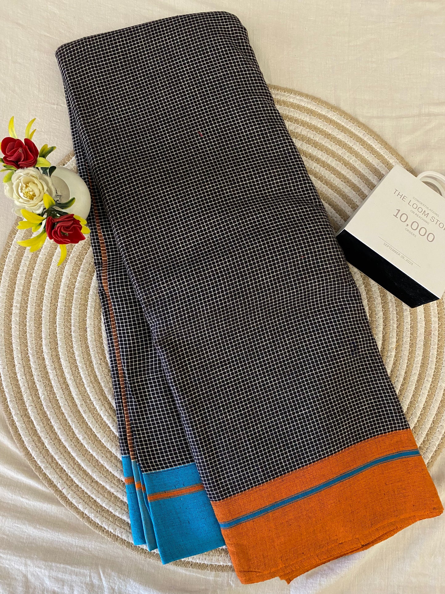 Black Patteda Anchu Saree Orange With Blue Border