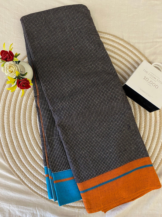 Black Patteda Anchu Saree Orange With Blue Border