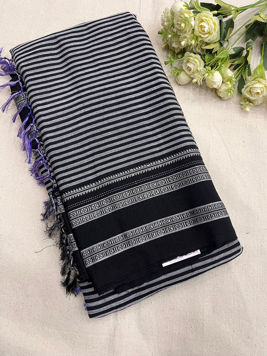 Black Grey Stripes Ilkal Saree