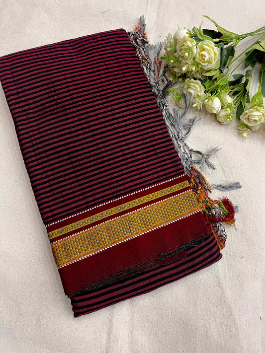 Maroon Black Stripes Ilkal Saree