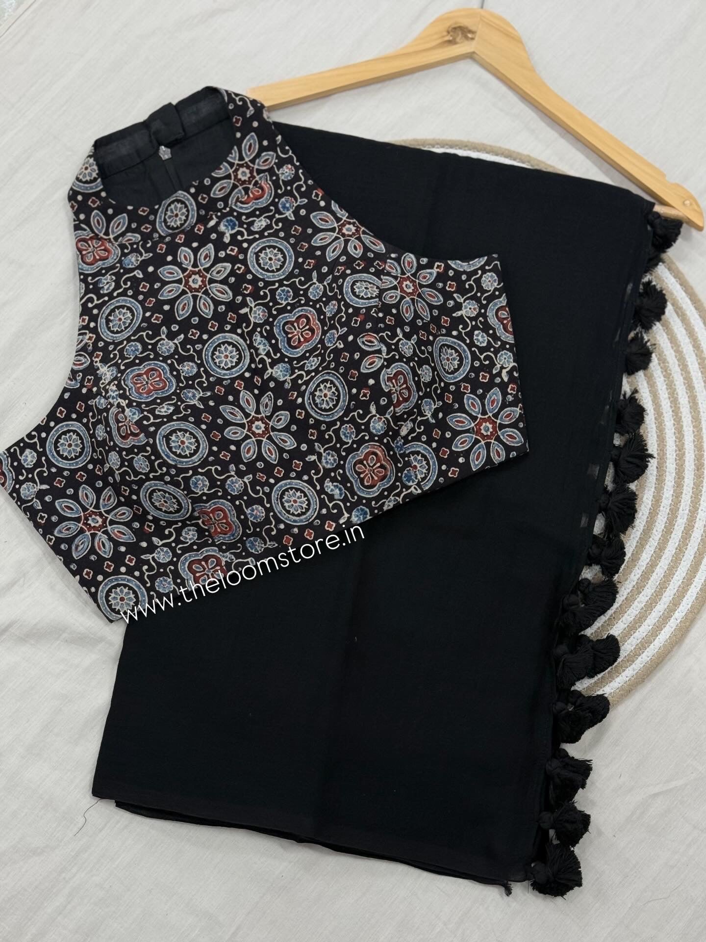 Black Mulmul & Ajrakh Halter Neck Saree Blouse Set