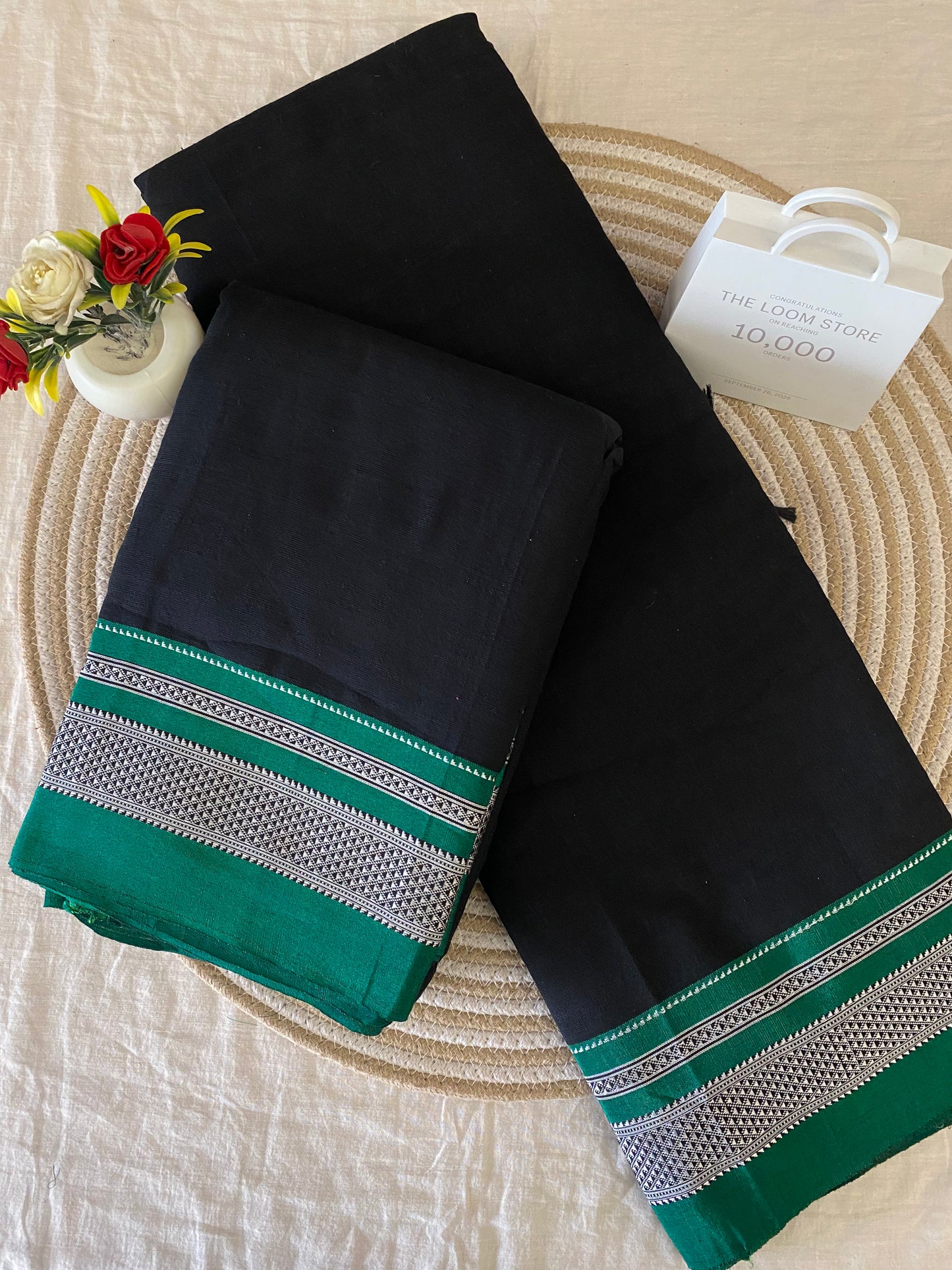 Black Green Handloom Ikkal Cotton Saree