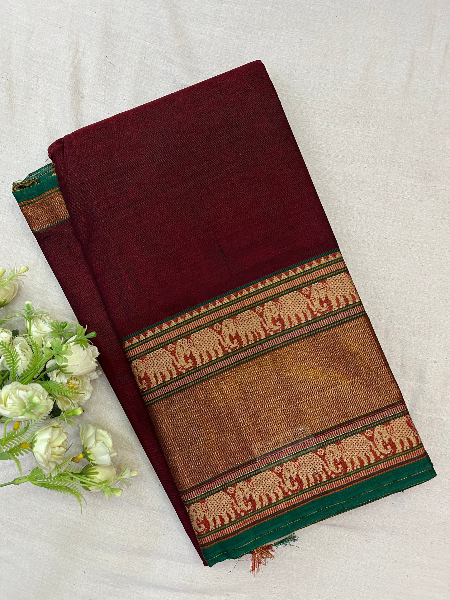 Maroon Cotton Zari Border Bhagyanagar Cotton Saree