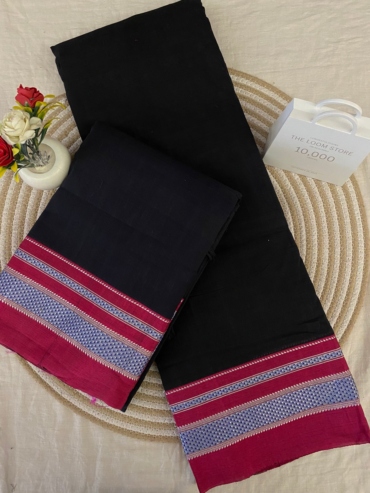Black Red Handloom Ikkal Cotton Saree