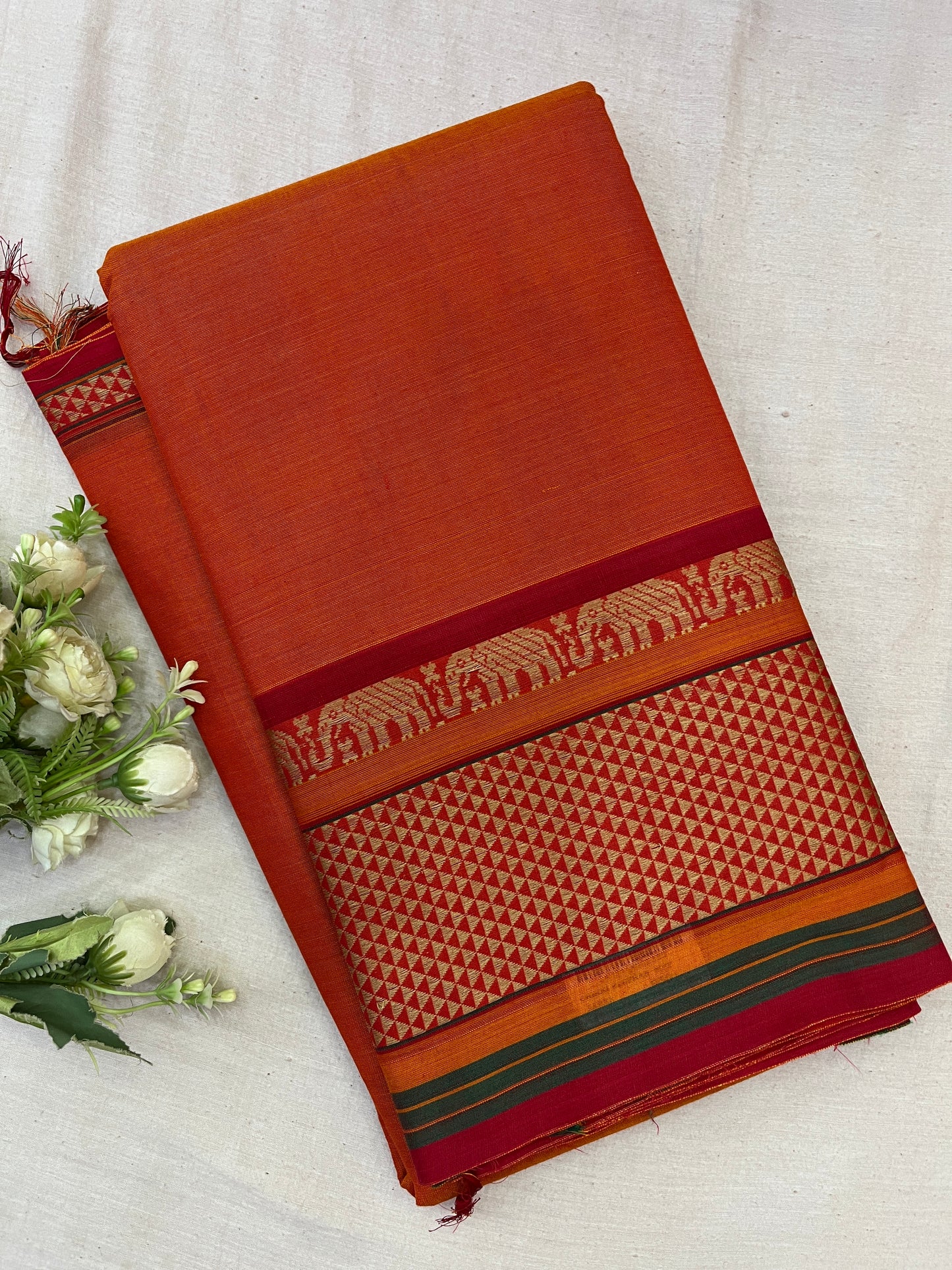 Orange Elephant Paras Cotton Border Bhagyanagar Saree