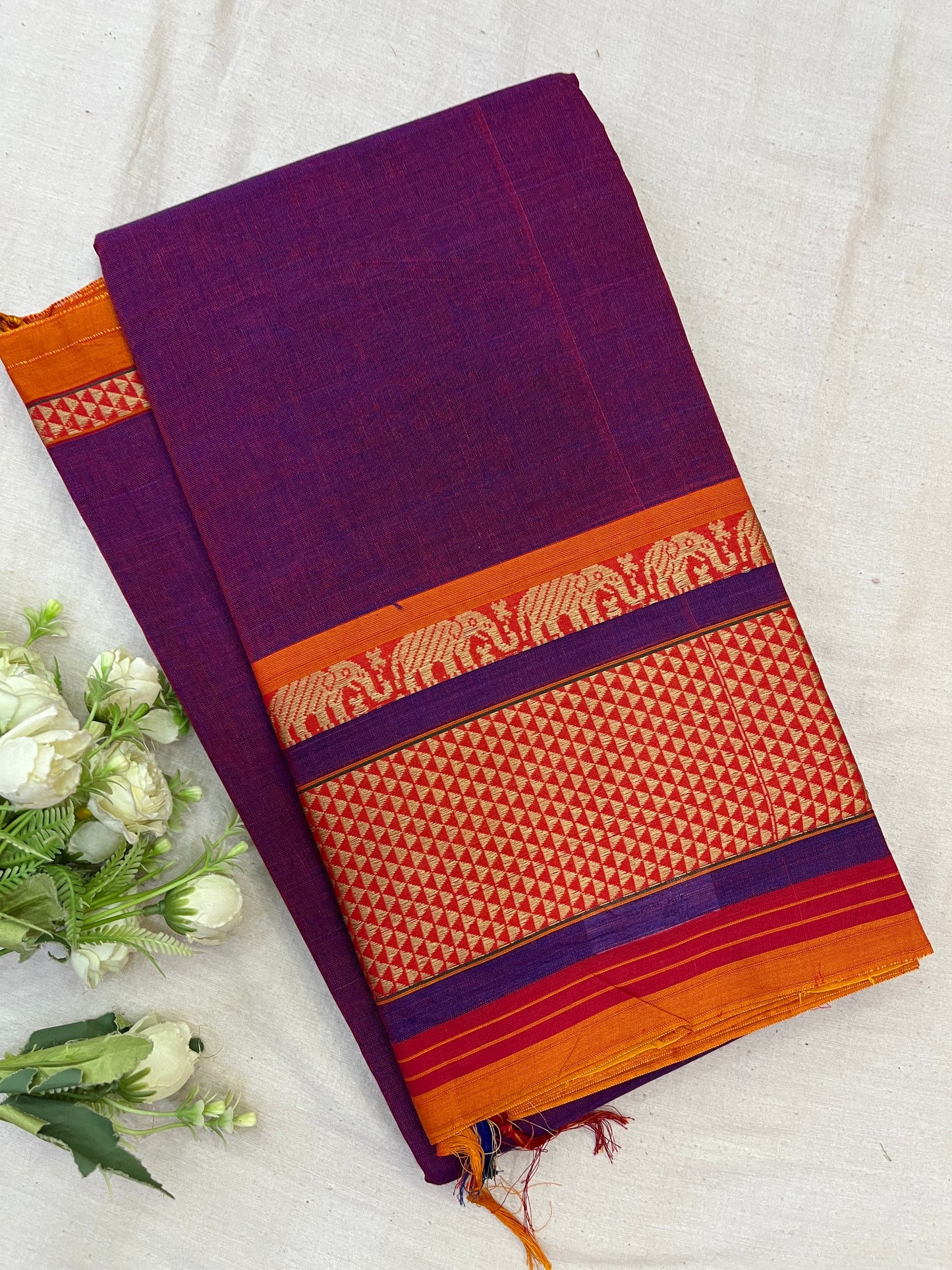 Purple Orange Elephant Paras Cotton Border Bhagyanagar Saree