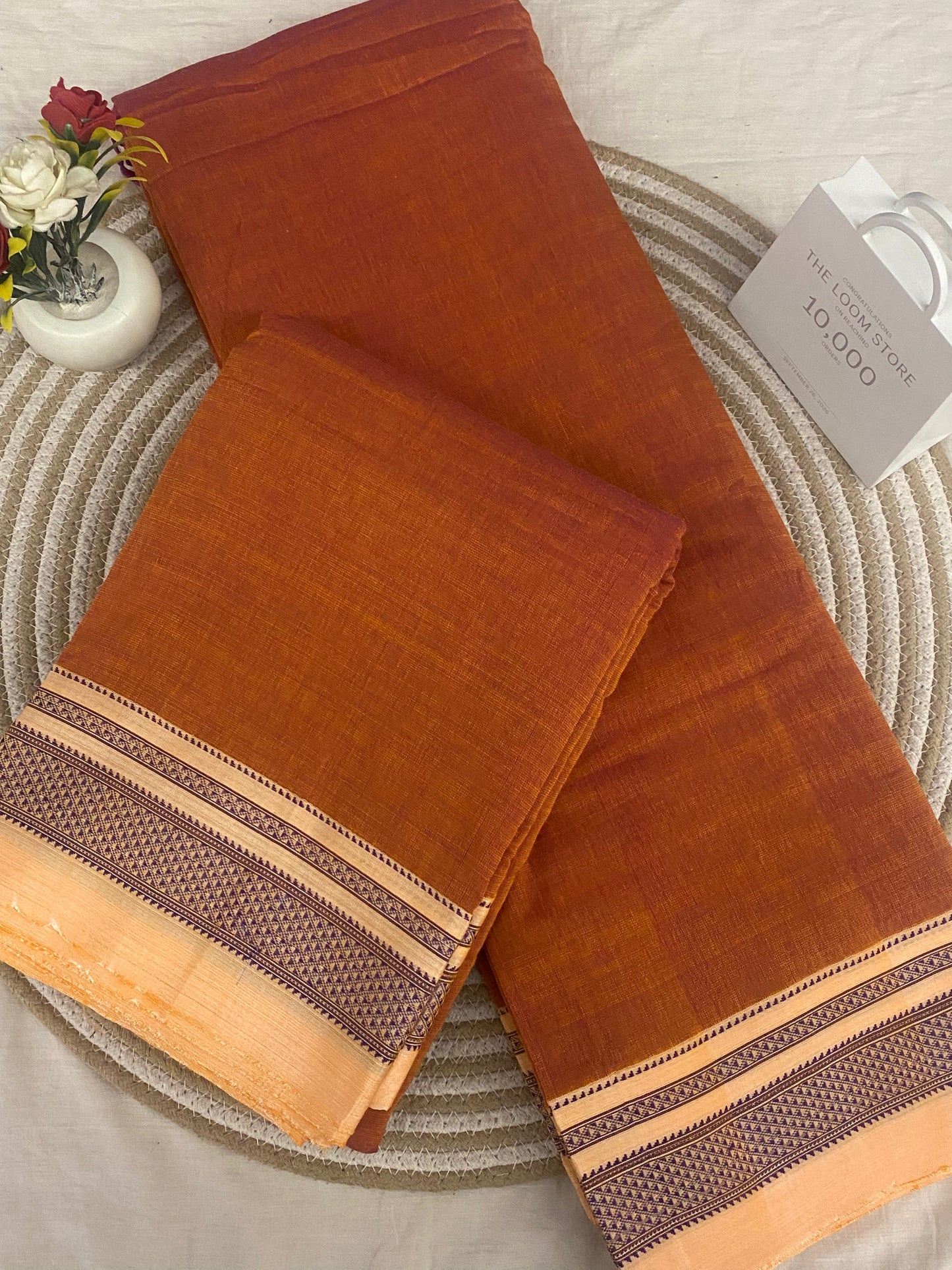 Rust Handloom Ikkal Cotton Saree