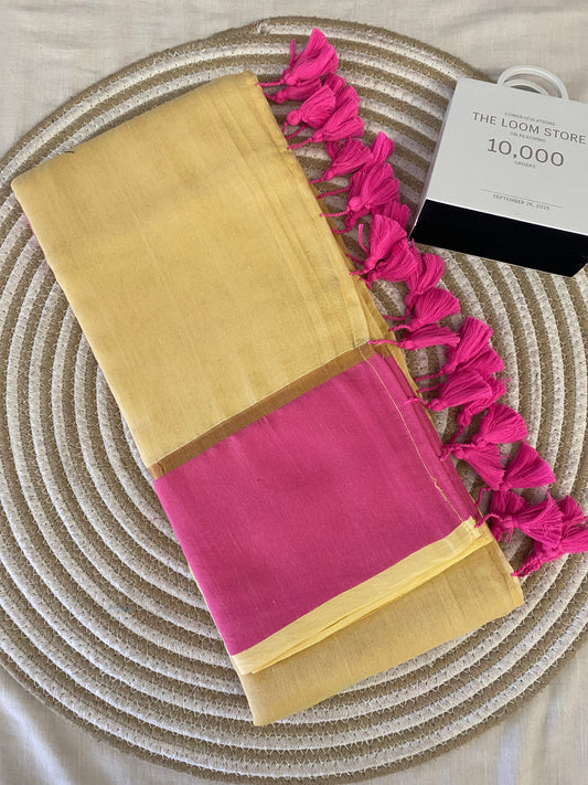 Cream Pink Tissue Border Mulmul Saree