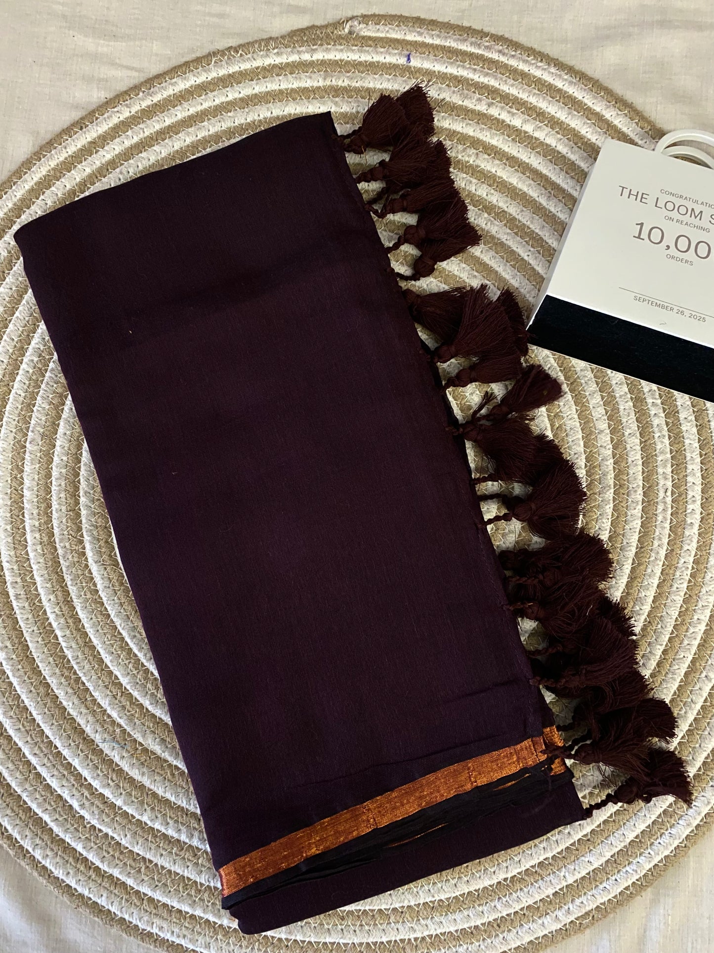 Burgundy Copper Zari Border Mulmul Saree