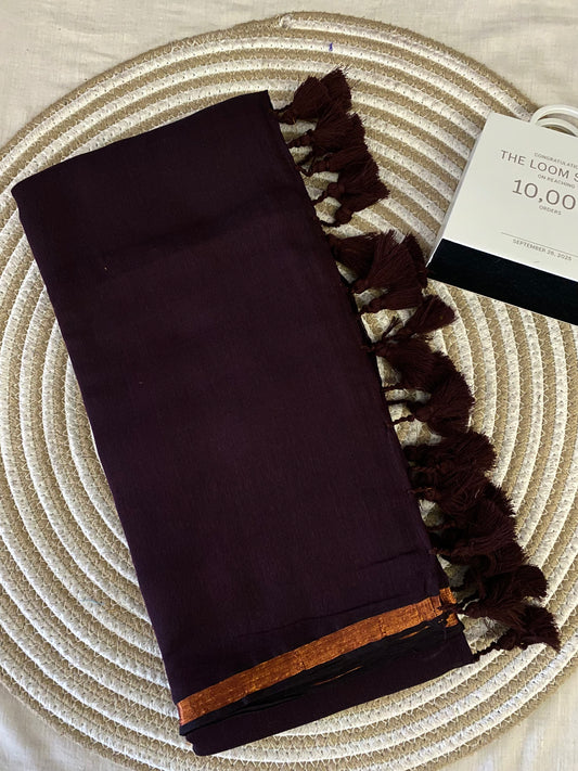Burgundy Copper Zari Border Mulmul Saree
