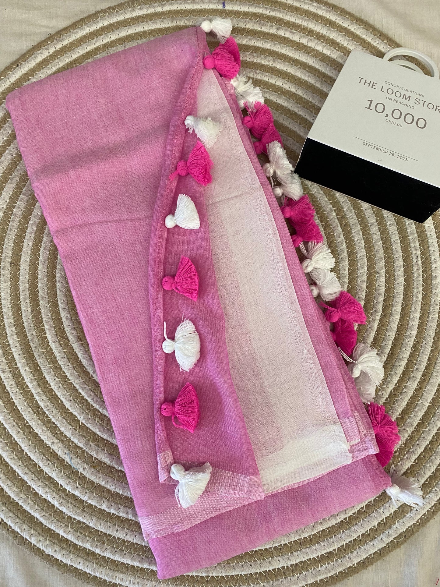Pink-White Half N Half Mulmul Saree