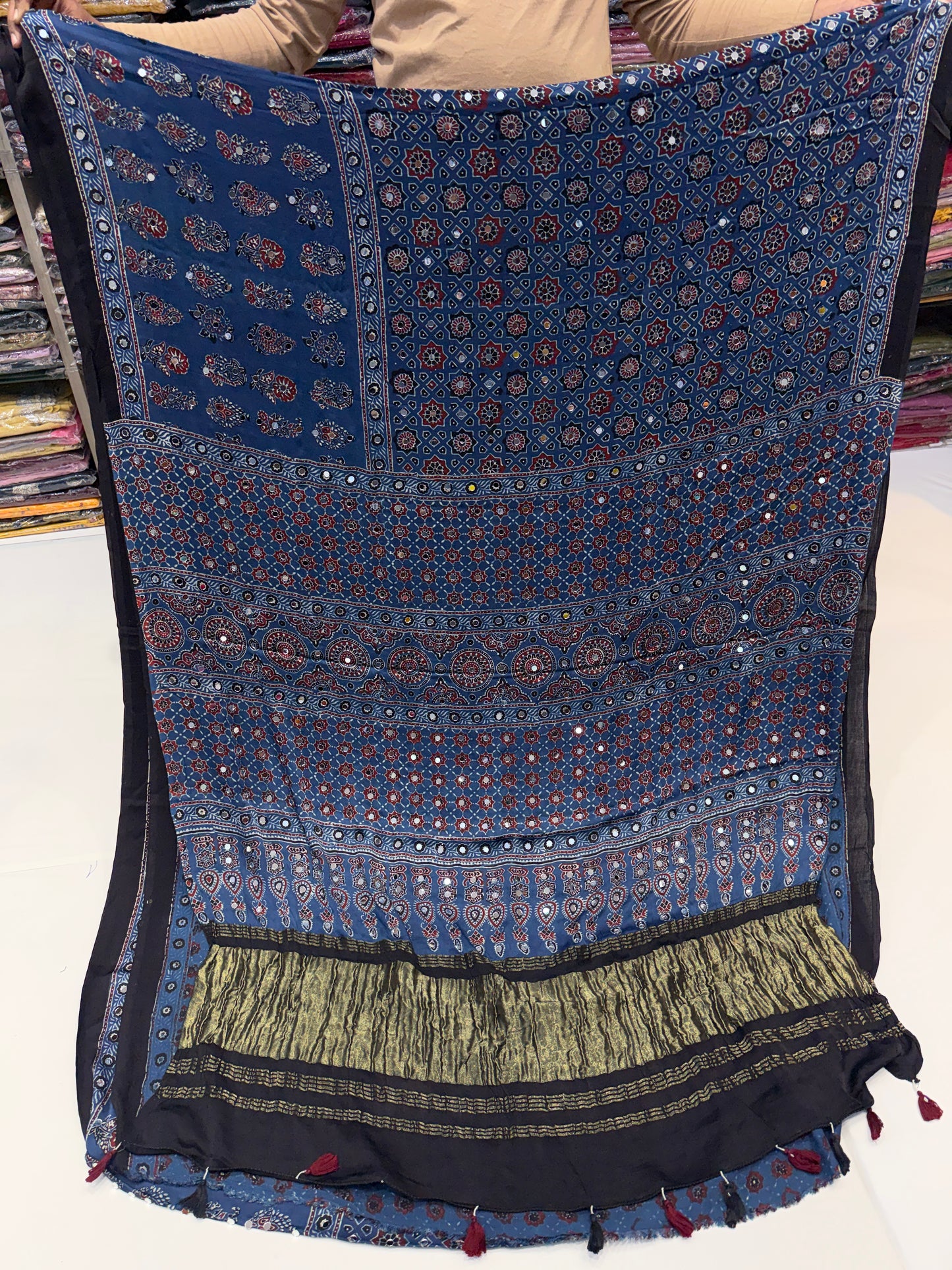 Chandra Blue Ajrakh Mirror Work Saree (Jan 25th, 2026)