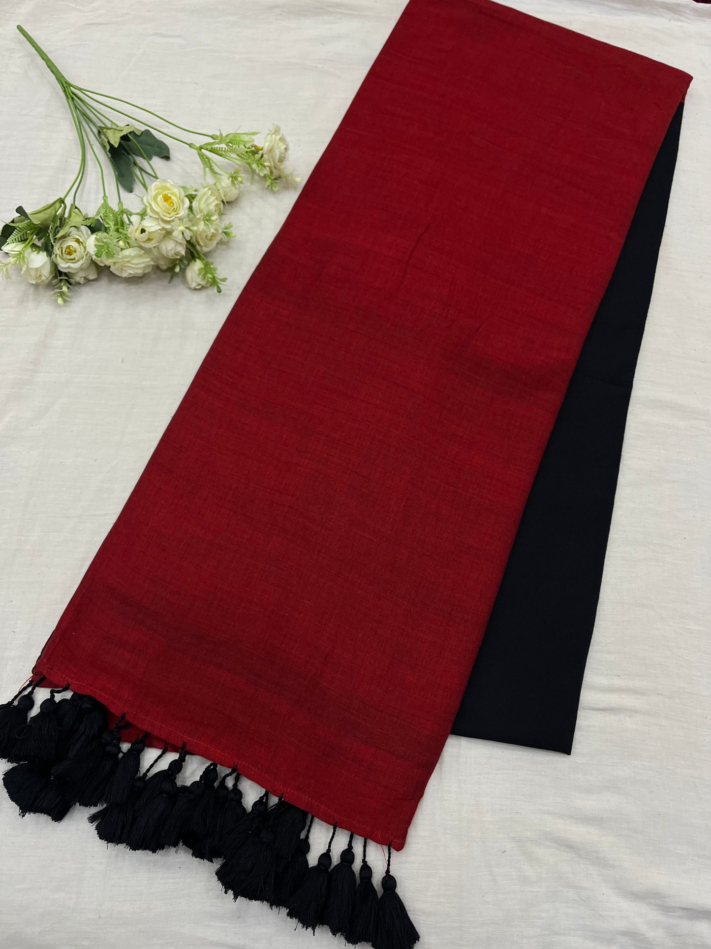 Red Black Acrylic Cotton Saree