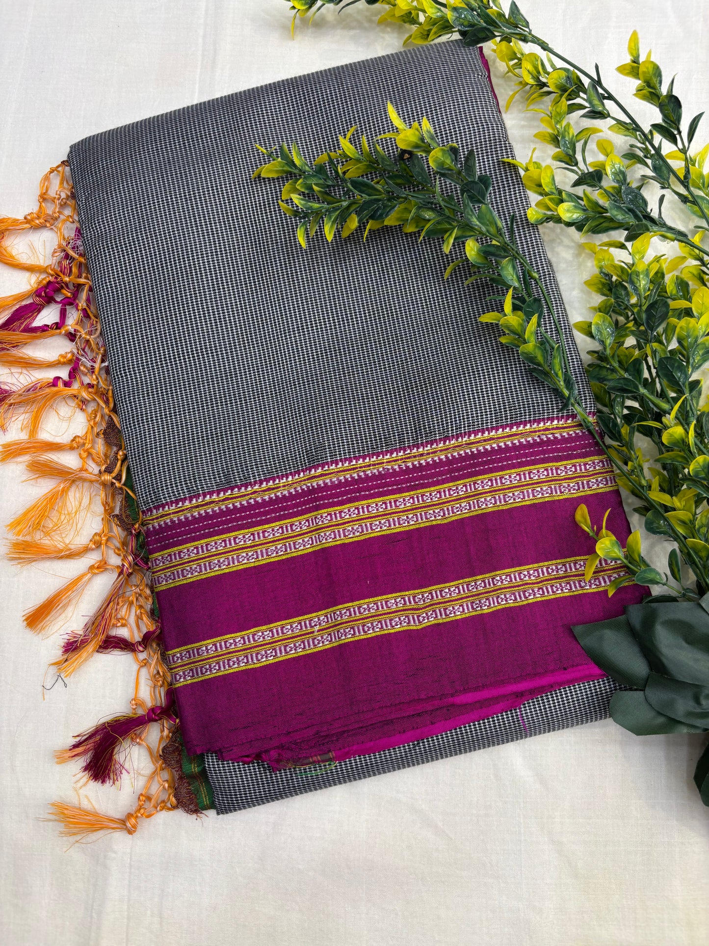 Grey Magenta Micro Checks Ilkal Saree