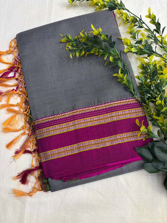 Grey Magenta Micro Checks Ilkal Saree