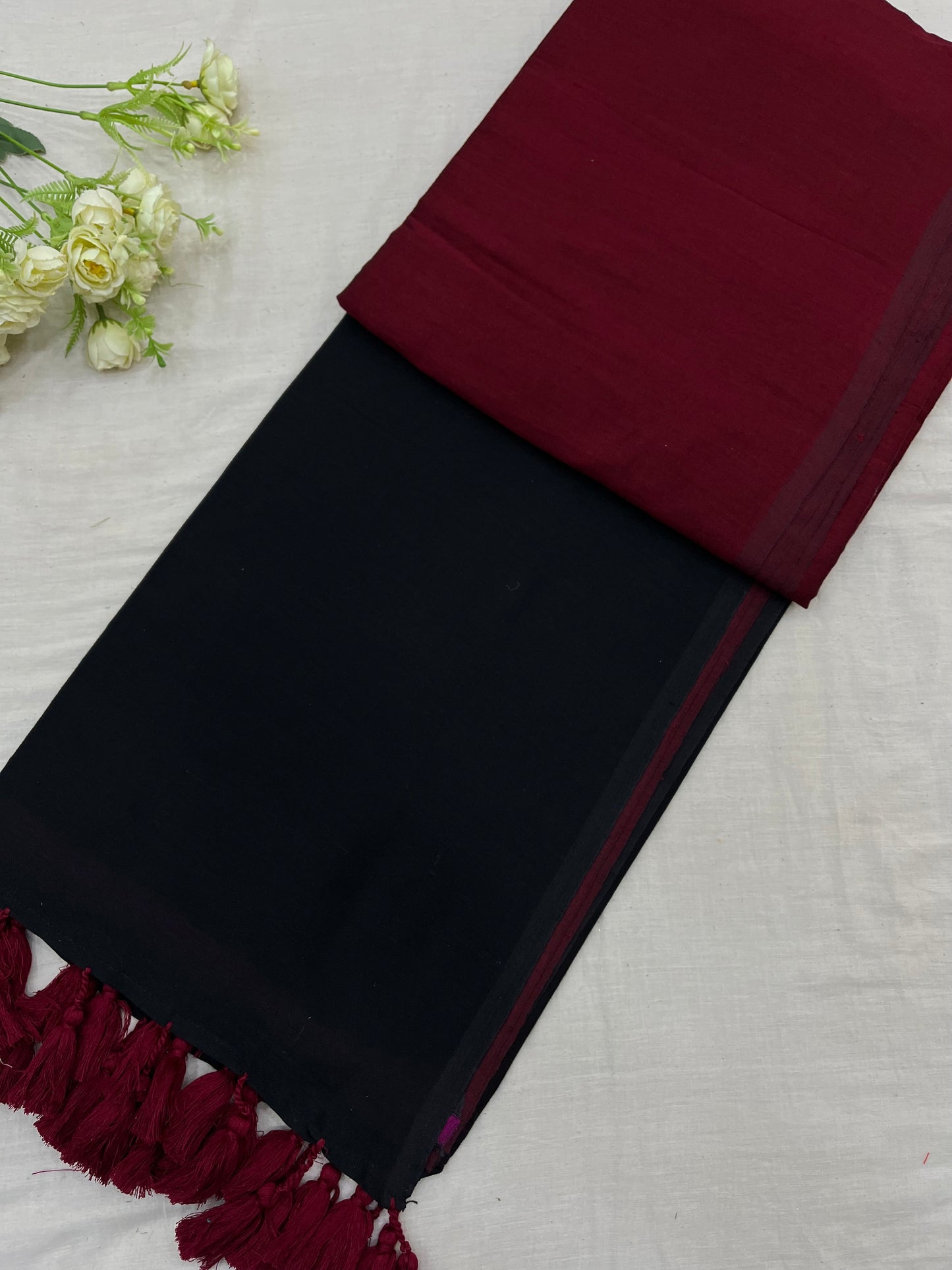 Maroon Black Acrylic Cotton Saree