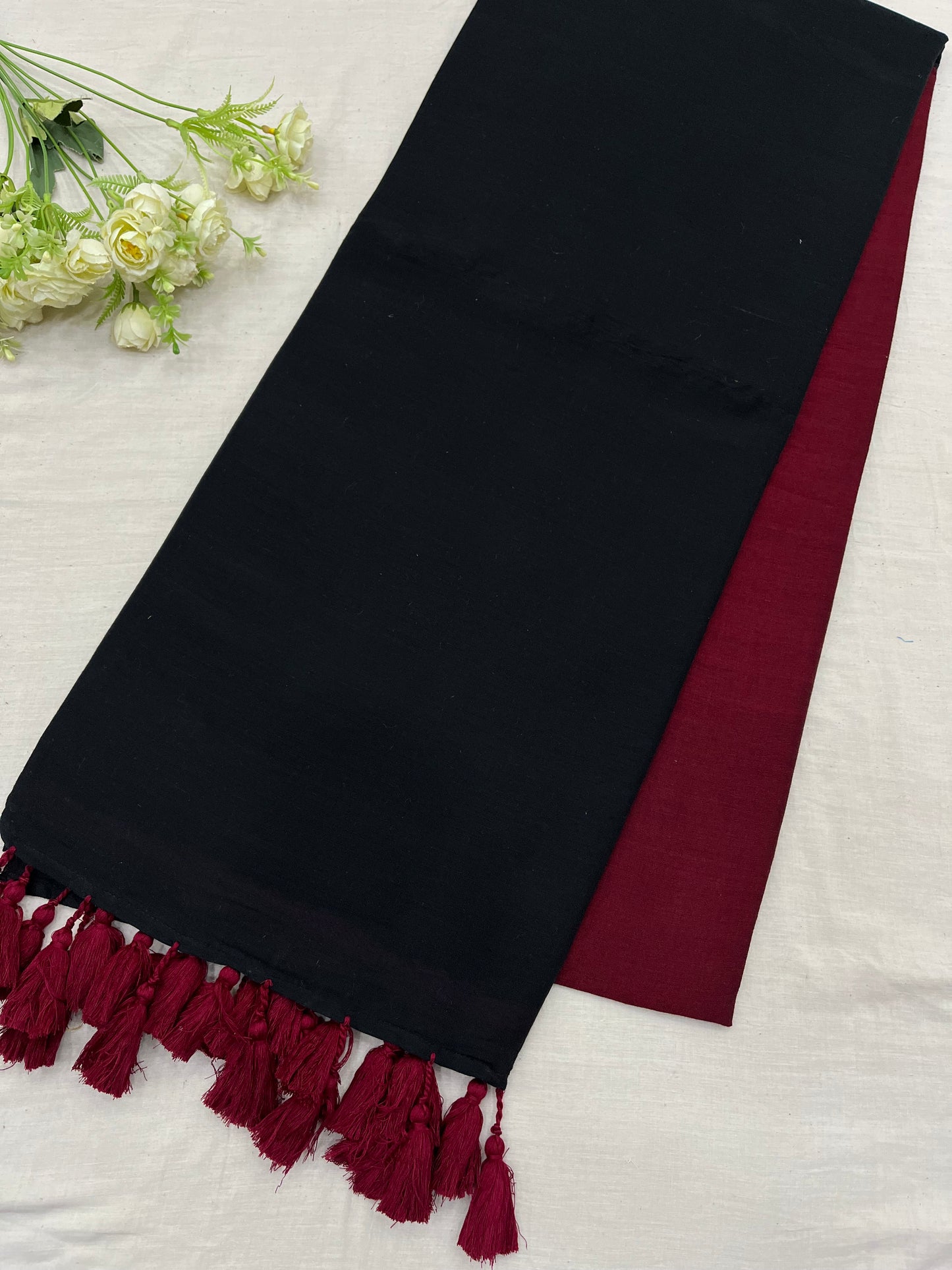 Maroon Black Acrylic Cotton Saree