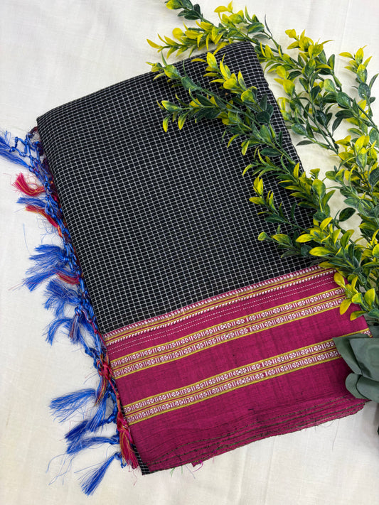 Black Purple Pink Checks Ilkal Saree