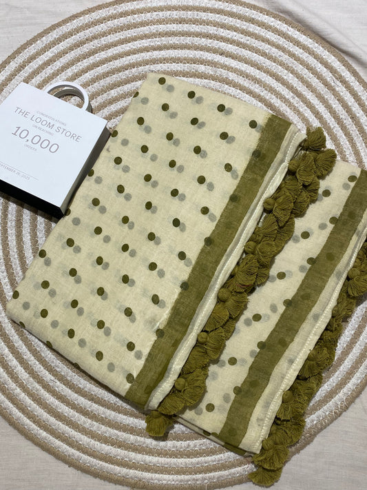 Mehendi Polka Dot Mulmul Saree
