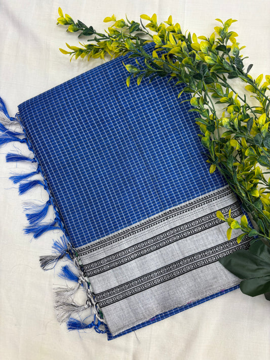 Blue Grey Micro Checks Ilkal Saree