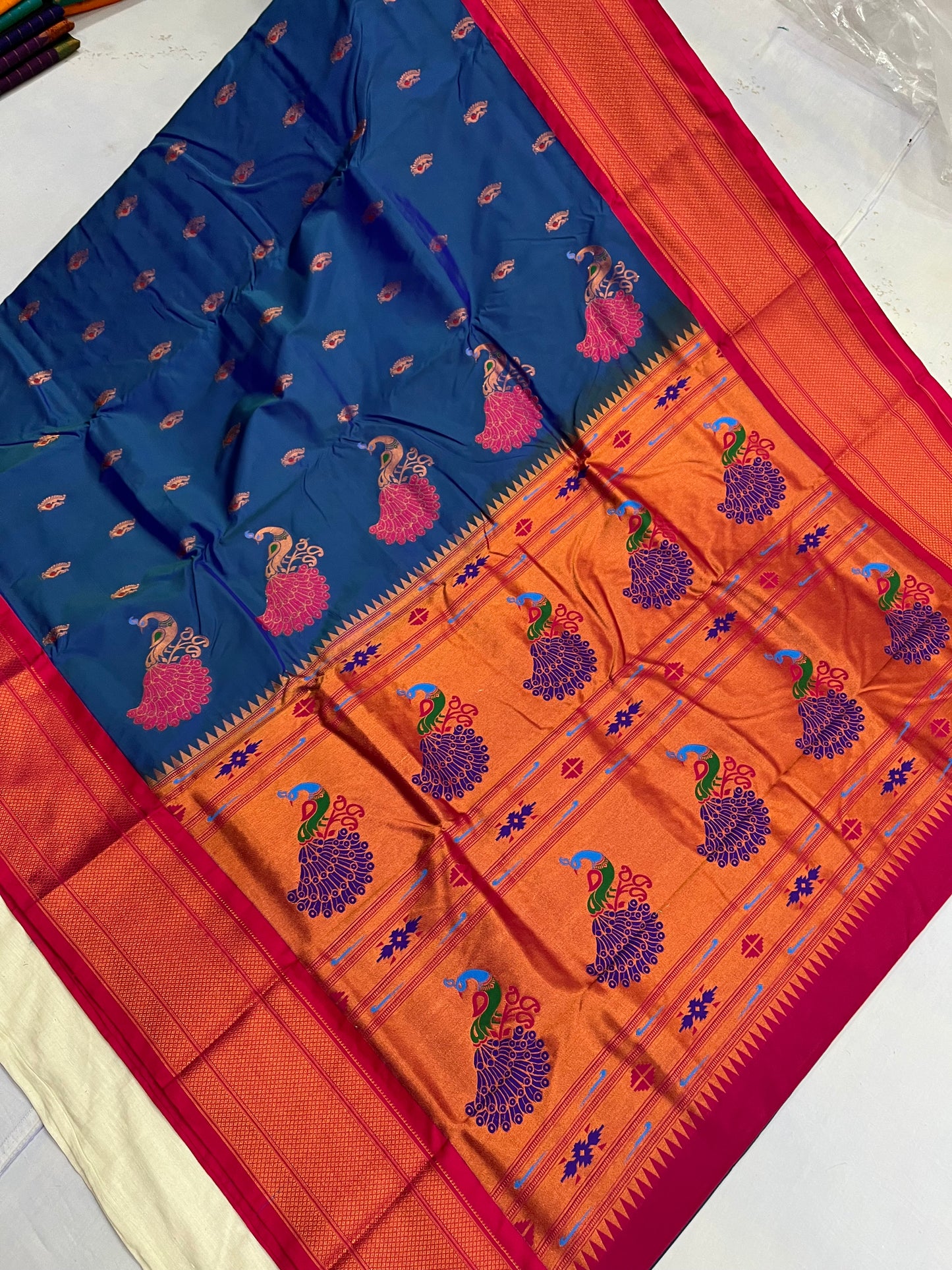 Teal Blue Pink Kajree Paithani Silk Saree