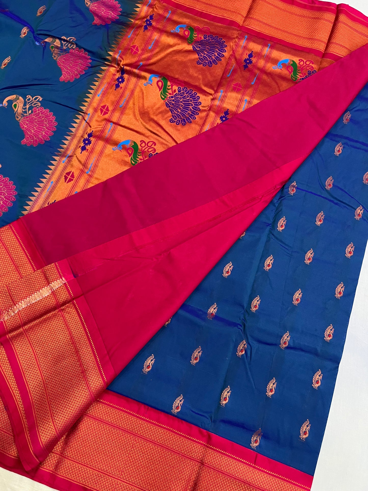 Teal Blue Pink Kajree Paithani Silk Saree