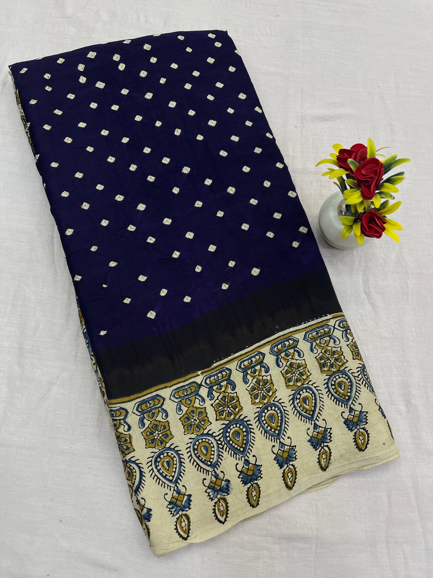 Navy Blue Cream Bandhani Ajrakh Modal Silk Saree