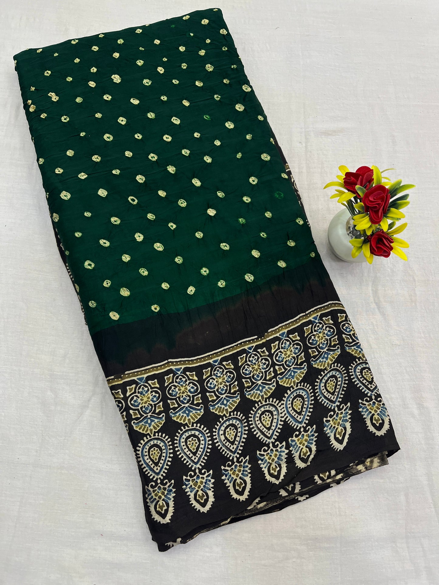 Green Black Bandhani Ajrakh Modal Silk Saree