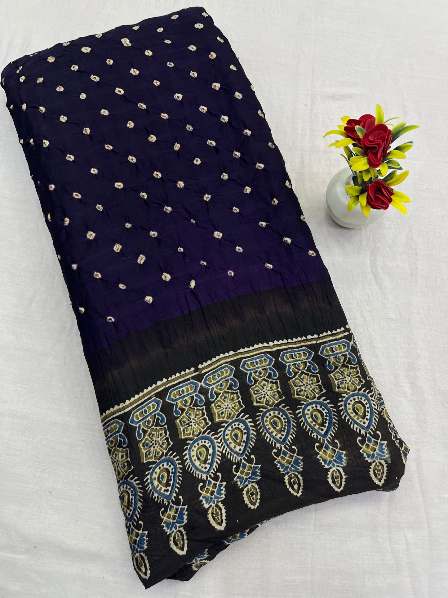 Jamuni Black Bandhani Ajrakh Modal Silk Saree