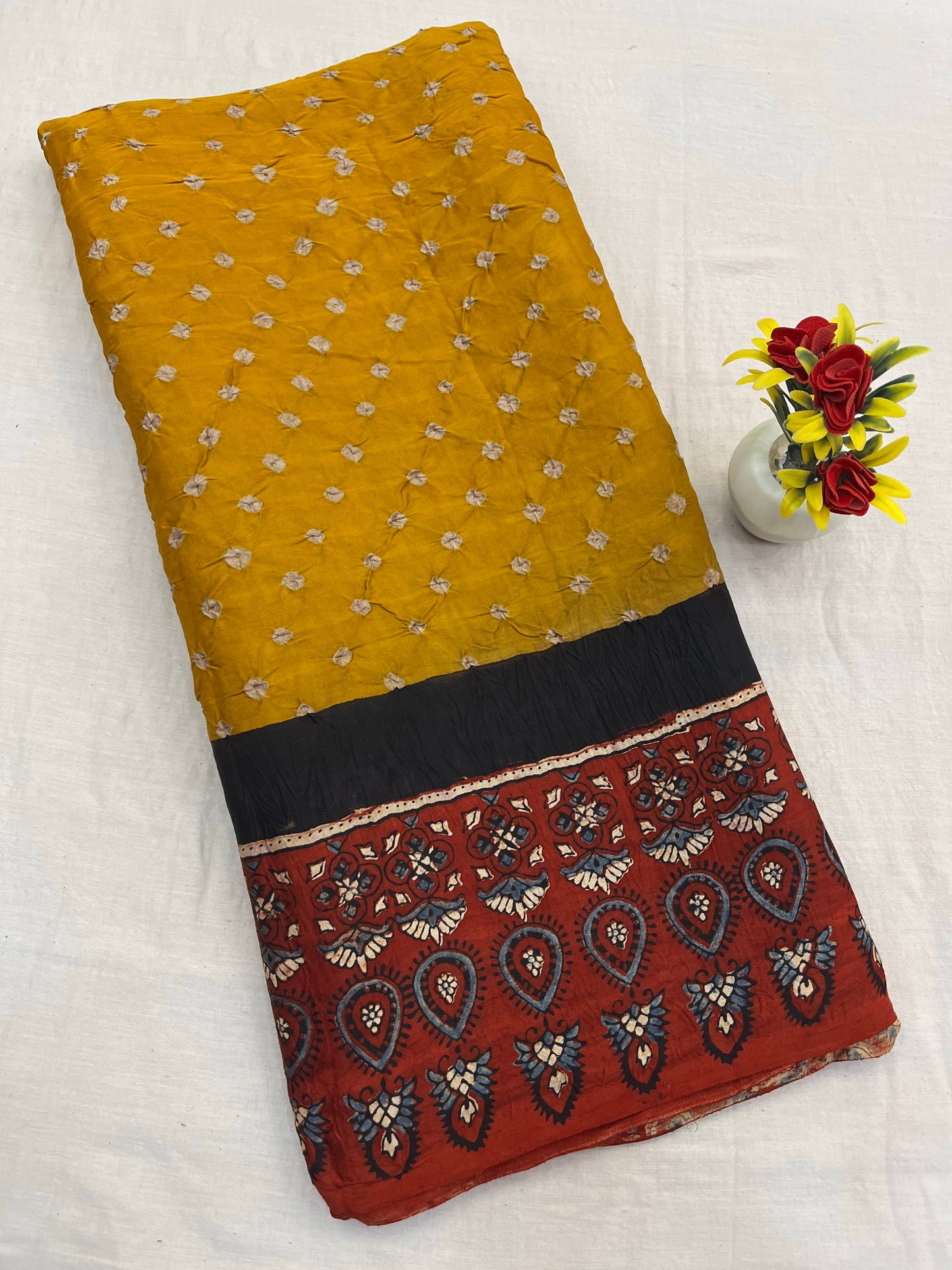 Mustard Black Red Bandhani Ajrakh Modal Silk Saree